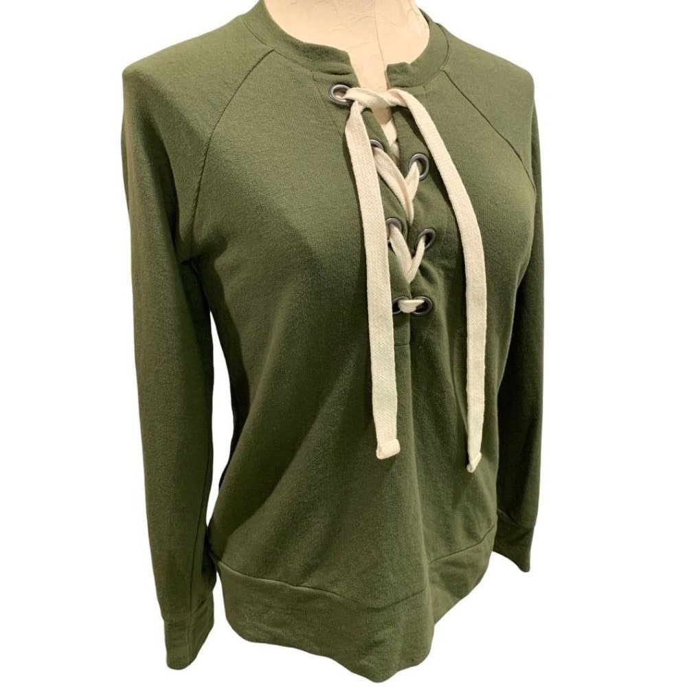 XS A.N.A. Women's Olive Green Lace Up Neckline Lightweight Sweatshirt - Picture 1 of 8